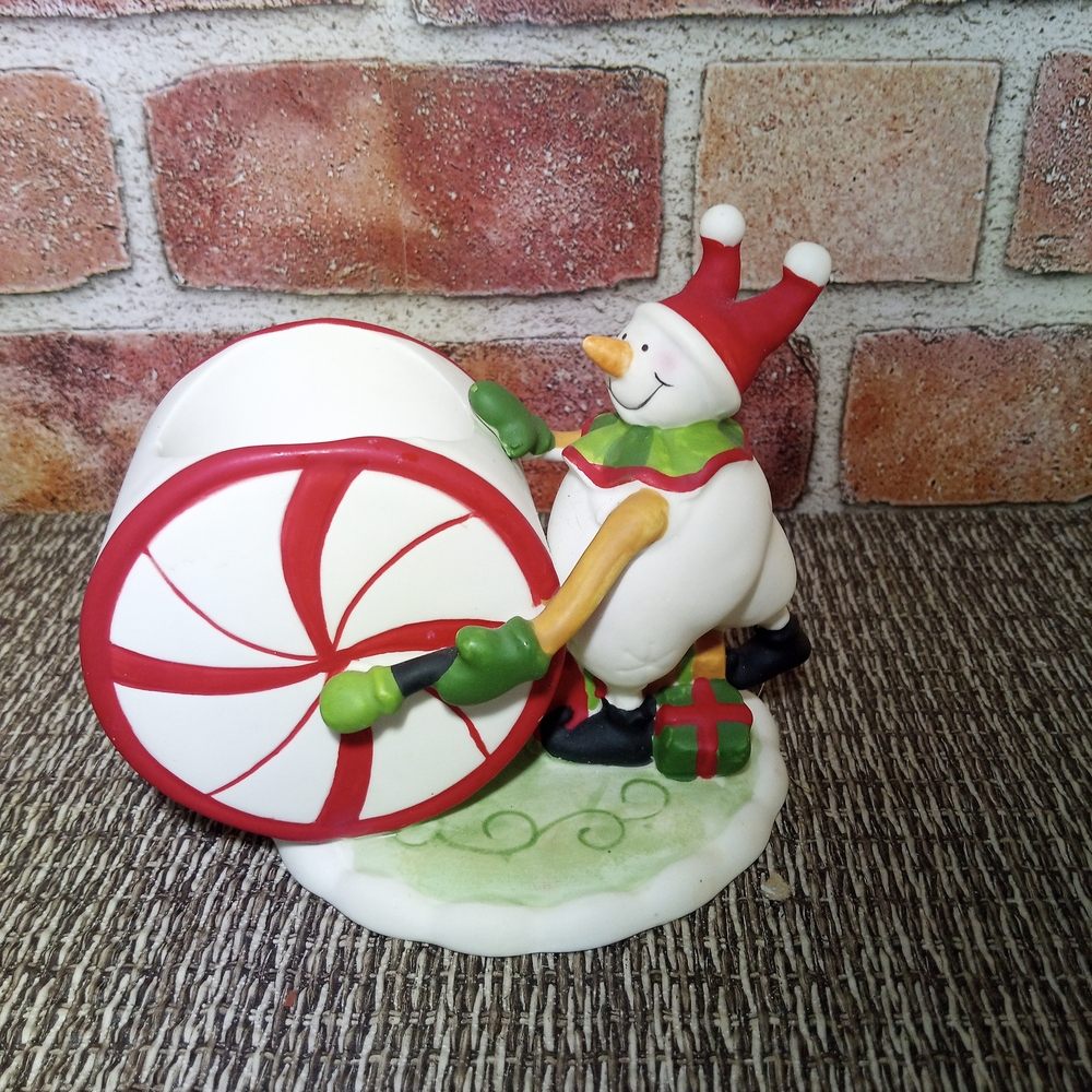 Vintage Yankee Candle Votive Holder Snowman Peppermint Drum Christmas Ceramic